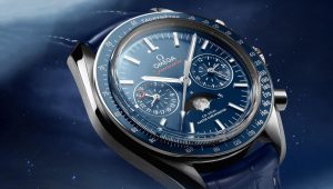 The stainless steel fake watch has a blue strap.