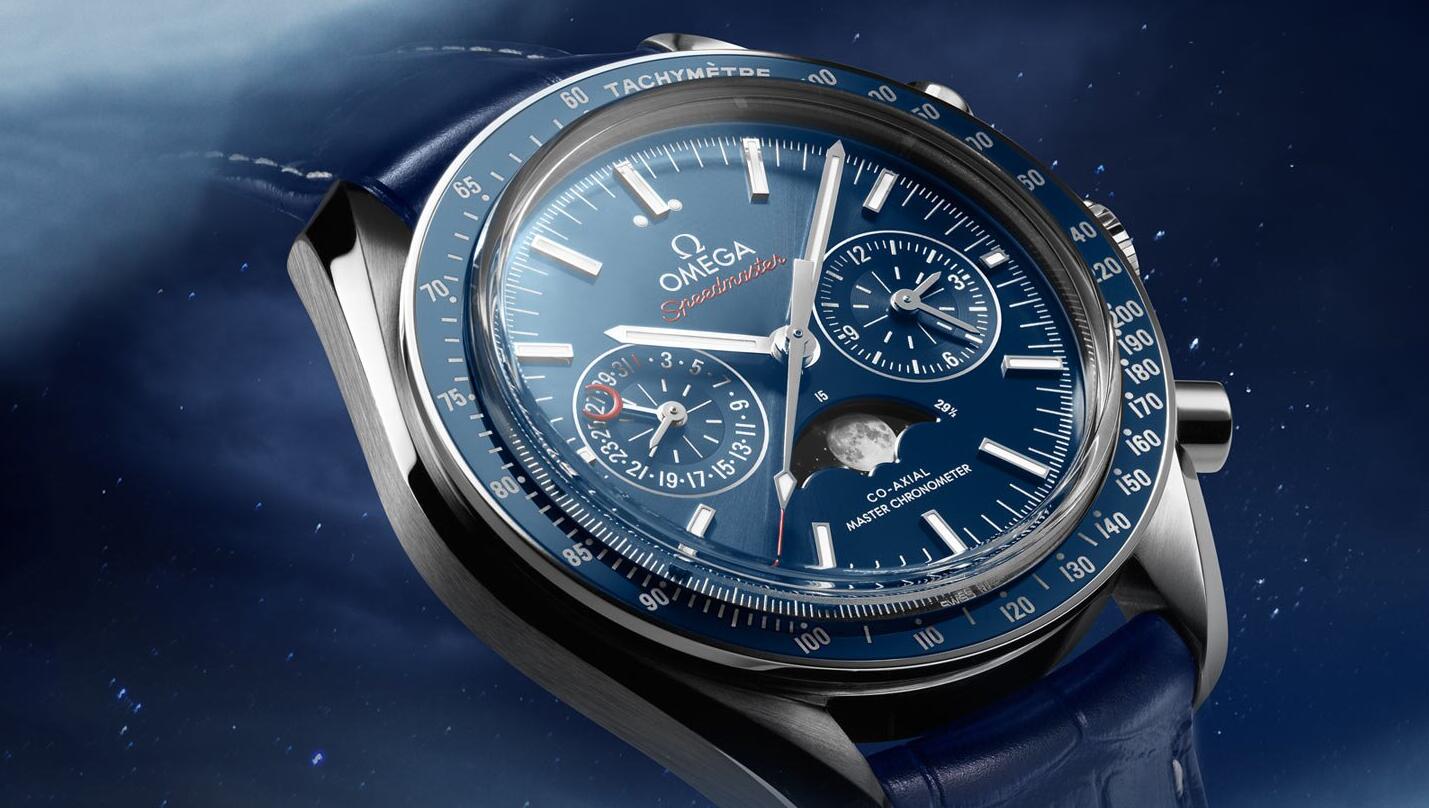 The stainless steel fake watch has a blue strap.